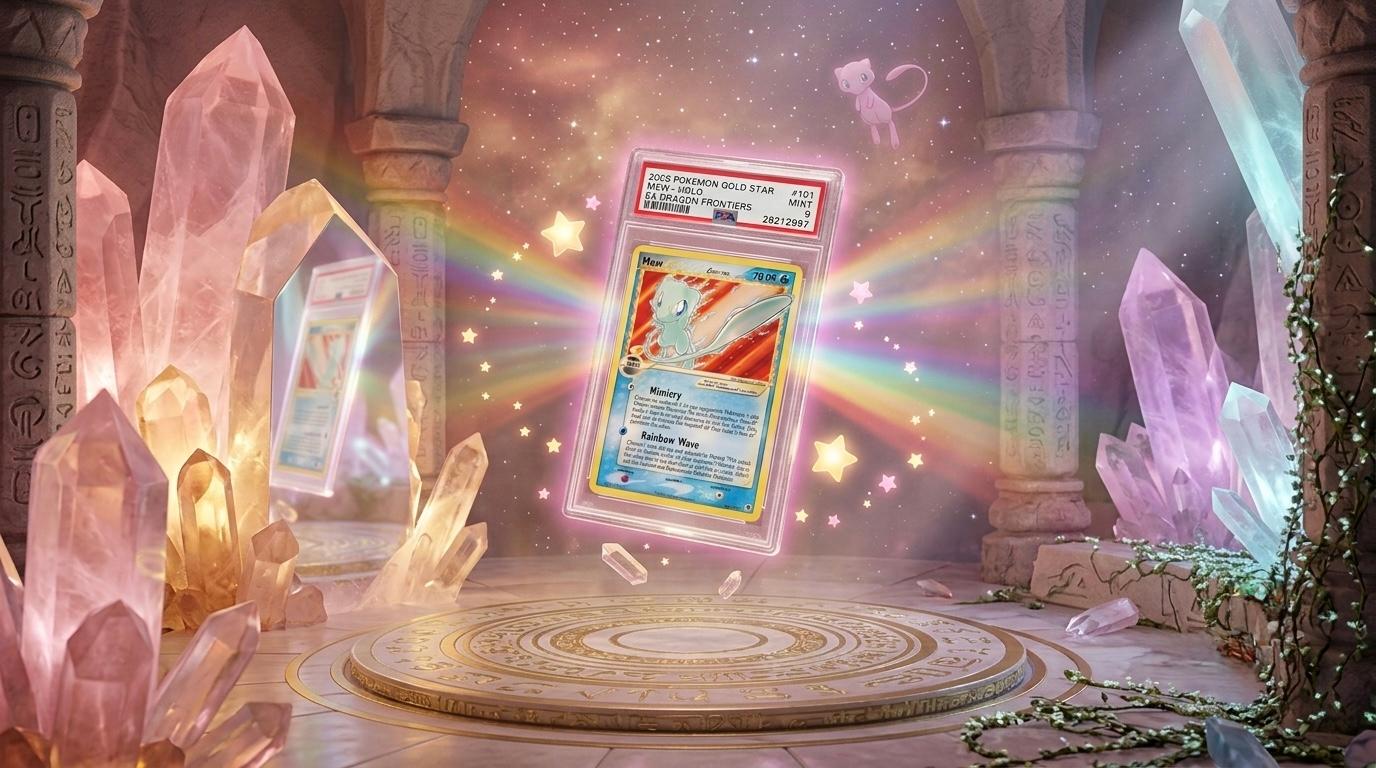 Carte Mew Gold Star Delta Species numéro 101/101 de l'extension EX Frontiers des Dragons, illustrée par Masakazu Fukuda, fond holographique doré avec étoile dorée caractéristique des Pokémon Gold Star