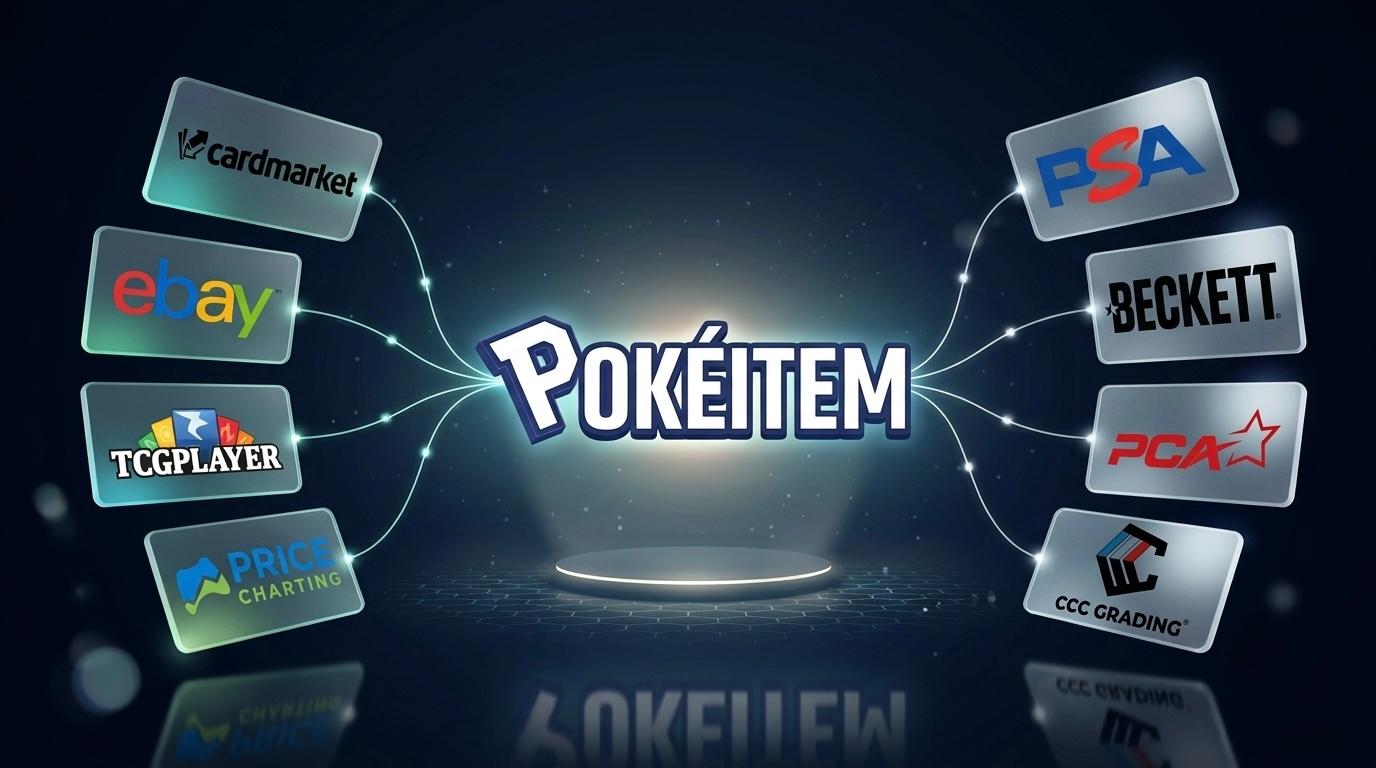 Plusieurs cartes Pokémon holographiques posées sur une table avec un smartphone affichant des prix de marché, illustrant la recherche de cotes fiables en 2026