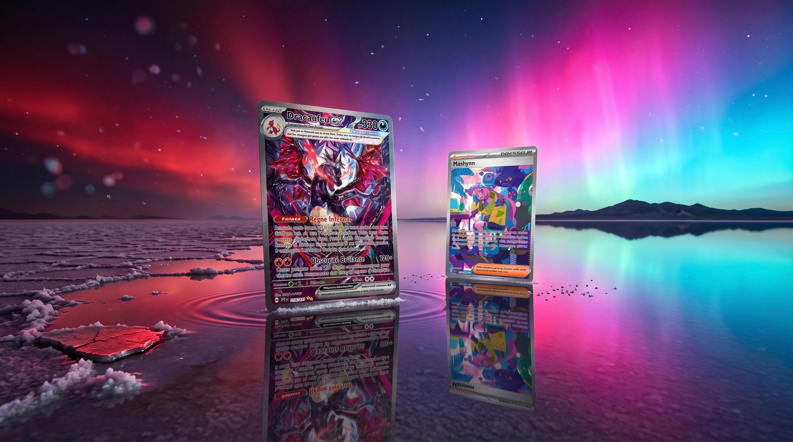 Carte Dracaufeu ex Shiny Full Art numéro 234 de l'extension Destinées de Paldea EV4.5 posée sur une surface sombre avec d'autres cartes chromatiques visibles en arrière-plan