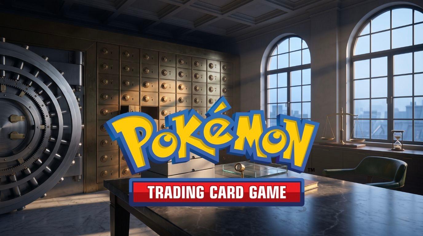 Collection de cartes Pokémon rares posées sur une table, dont un Dracaufeu holographique gradé PSA 10, avec un graphique de valeur en arrière-plan illustrant l'investissement dans les cartes Pokémon en 2026