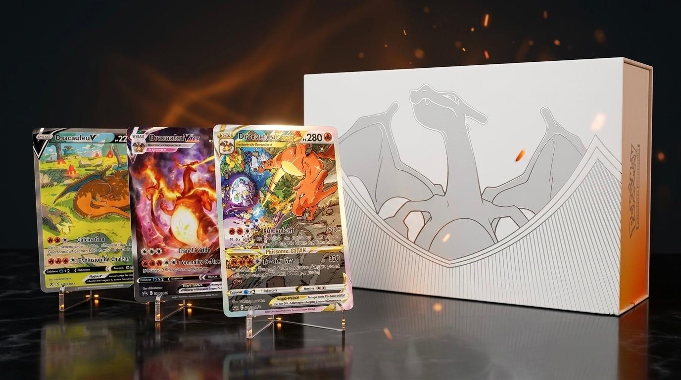 Les trois cartes promo Dracaufeu-V, Dracaufeu-VMAX et Dracaufeu-VSTAR issues du coffret Ultra Premium Collection Épée et Bouclier 2022, affichées côte à côte avec leur finition Etched Foil