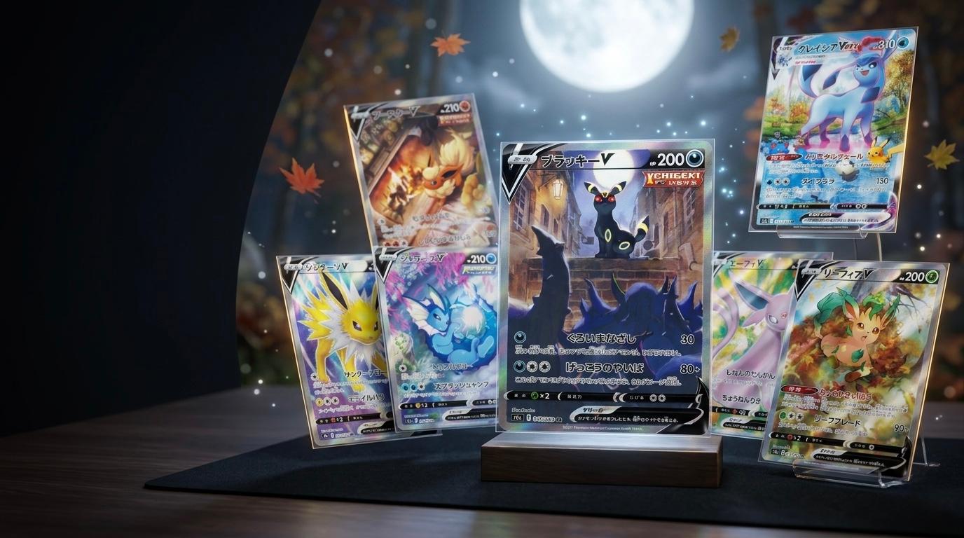 Cartes Alt Art du set japonais Eevee Heroes S6a représentant les Eeveelutions Umbreon V, Sylveon V et Espeon V en version Alternate Art Secret Rare