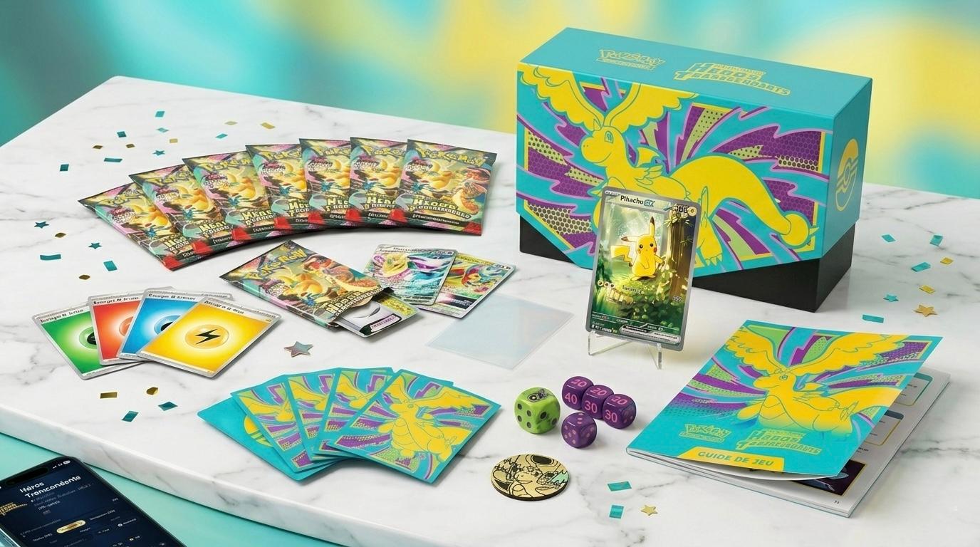 Illustration de l'extension Méga-Évolution Héros Transcendants Pokémon TCG avec Méga-Dracolosse-ex, Méga-Lucario-ex et Méga-Gardevoir-ex mis en avant