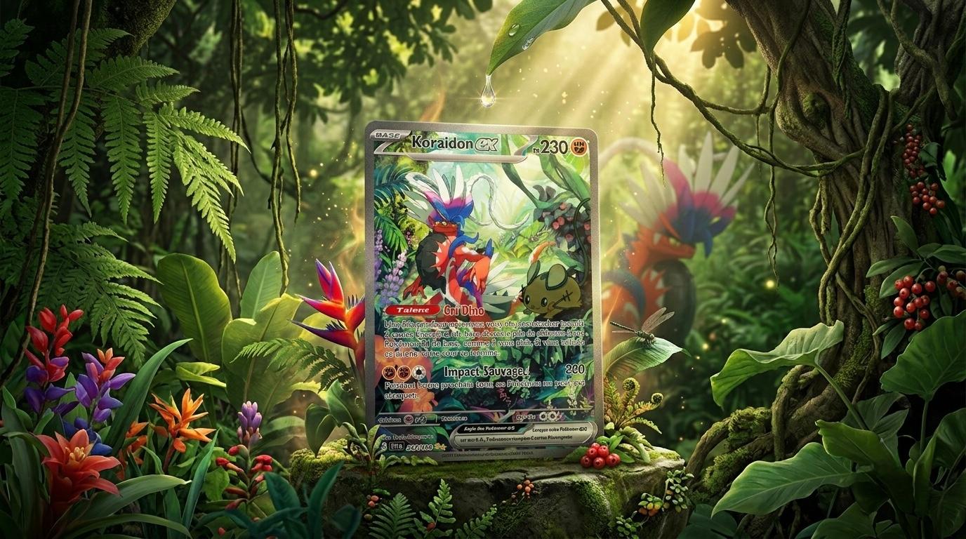 Carte Koraidon ex Special Illustration Rare 247/198 de l'extension Pokémon Écarlate et Violet EV01, illustrée par Ryota Murayama, montrant le légendaire paradoxe dans un décor préhistorique dynamique