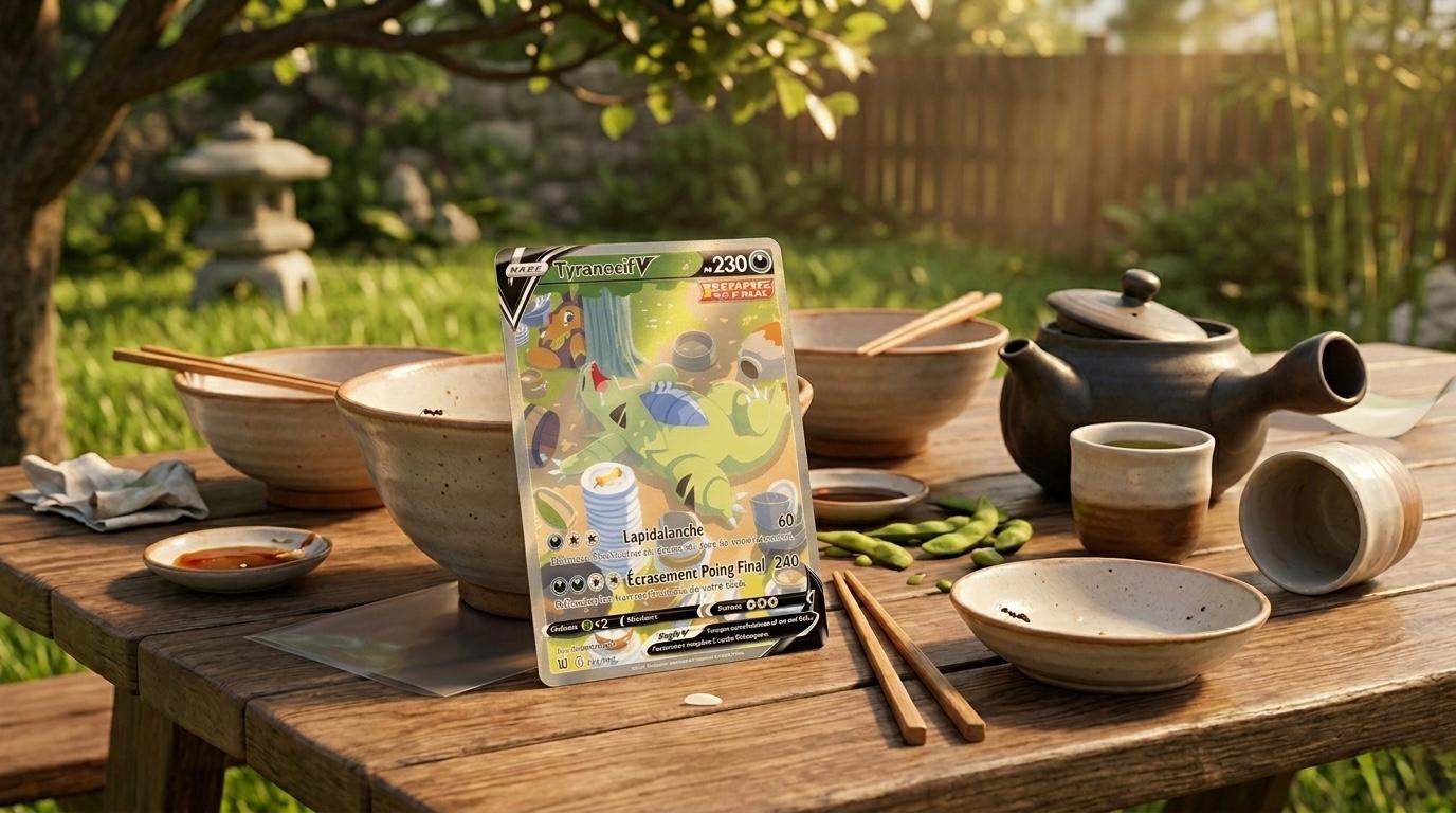 Carte Pokémon Tyranocif V Alt Art numéro 155/163 de l'extension Épée et Bouclier Styles de Combat EB05, illustrée par HYOGONOSUKE, montrant Tyranocif endormi entouré d'assiettes et de tasses après un repas